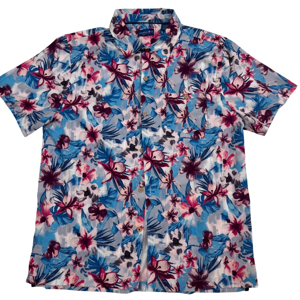 Caribbean Joe Mens Large Floral Button Down Shirt Blue Pnk Short Sleeve Tropical